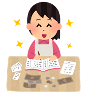 嬉しそうに家計簿をつける人のイラスト